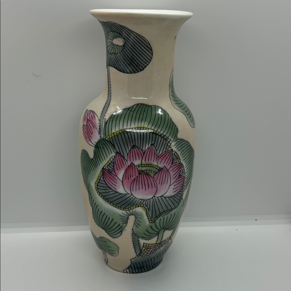 Floral Ceramic Vase with Lotus Design Vintage Handpainted Chinese Porcelain